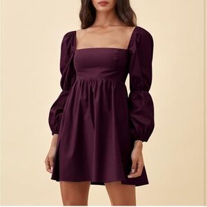 NWT Square Neck Long Puff Sleeve A-Line Casual Mini Dress, Wine Red